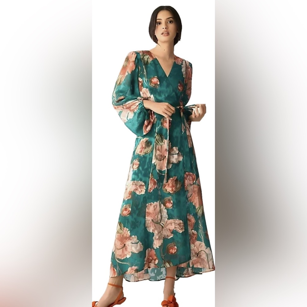 Anthropologie Teal and Pink Floral Midi Dress